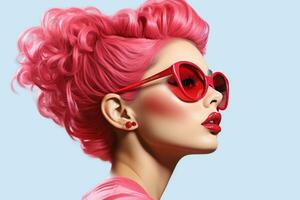 a woman with pink hair and red sunglasses generative ai photo