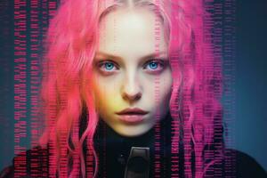 a woman with pink hair and pink hair is standing in front of a binary code generative ai photo