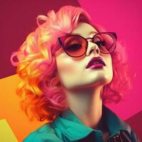 a woman with pink hair and sunglasses on a colorful background generative ai photo