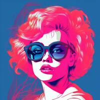 a woman with pink hair and sunglasses on a blue background generative ai photo
