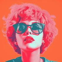 a woman with pink hair and sunglasses on an orange background generative ai photo