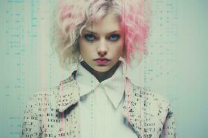 a woman with pink hair standing in front of a computer screen generative ai photo