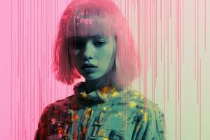 a woman with pink hair standing in front of a pink background generative ai photo