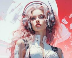 a woman with pink hair wearing headphones generative ai photo