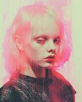 a woman with pink hair standing in front of a pink wall generative ai photo