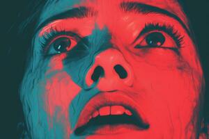 a woman with red and blue eyes looks up at the camera generative ai photo