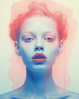 un mujer con rojo y azul pintar en su cara generativo ai foto
