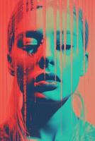 a woman with red and blue paint dripping down her face generative ai photo