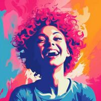 a woman with red curly hair is smiling in front of a colorful background generative ai photo