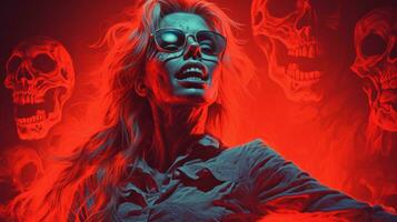 a woman with red eyes and a skull on her head generative ai photo