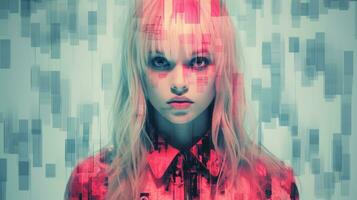 a woman with red eyes and pink hair generative ai photo
