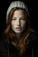 a woman with red hair and a beanie generative ai photo