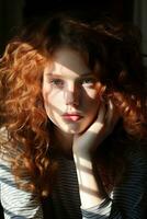 a woman with red curly hair posing for the camera generative ai photo