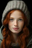 a woman with red hair and a beanie generative ai photo