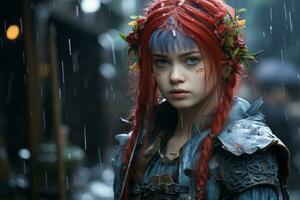 a woman with red hair and a flower crown in the rain generative ai photo