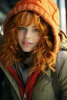 a woman with red hair and a green jacket generative ai photo