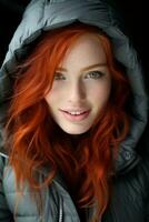 a woman with red hair and a hoodie generative ai photo