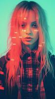 a woman with red hair and a plaid shirt standing in front of a blue background generative ai photo