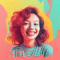 a woman with red hair and a striped shirt is smiling in front of a colorful background generative ai photo