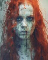un mujer con rojo pelo y sangre en su cara generativo ai foto