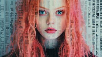 a woman with red hair and blue eyes in front of a computer screen generative ai photo