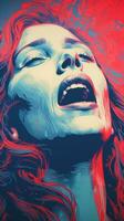 a woman with red hair and blue eyes is in front of a red and blue background generative ai photo