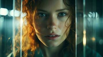 a woman with red hair and blue eyes looking through a glass wall generative ai photo