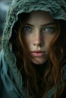 a woman with red hair and blue eyes generative ai photo