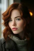 un mujer con rojo pelo y azul ojos generativo ai foto