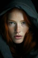 a woman with red hair and freckles looks into the camera generative ai photo