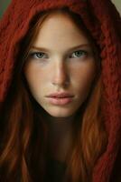 a woman with red hair and freckles is wearing a red hoodie generative ai photo