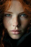 un mujer con rojo pelo y pecas en su cara generativo ai foto