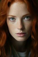 un mujer con rojo pelo y pecas generativo ai foto