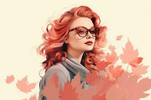 a woman with red hair and glasses is surrounded by autumn leaves generative ai photo