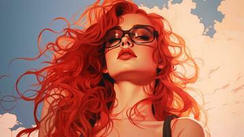 un mujer con rojo pelo y lentes generativo ai foto