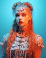 a woman with red hair and makeup on a blue background generative ai photo