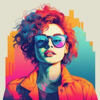 a woman with red hair and sunglasses on a colorful background generative ai photo