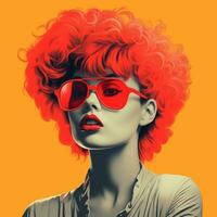 a woman with red hair and sunglasses on an orange background generative ai photo