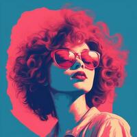 a woman with red hair and sunglasses on a blue and pink background generative ai photo