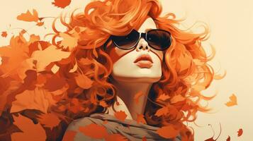 a woman with red hair and sunglasses is surrounded by autumn leaves generative ai photo