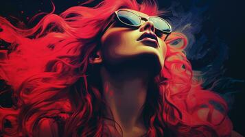 un mujer con rojo pelo y Gafas de sol generativo ai foto