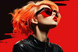 a woman with red hair and sunglasses on a red background generative ai photo