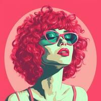 un mujer con rojo pelo y Gafas de sol generativo ai foto