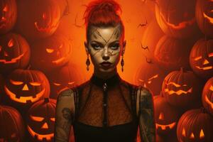 a woman with red hair and tattoos is surrounded by pumpkins generative ai photo