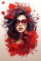 a woman with red hair and sunglasses is surrounded by red maple leaves generative ai photo