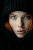 a woman with red hair in a black hoodie generative ai photo