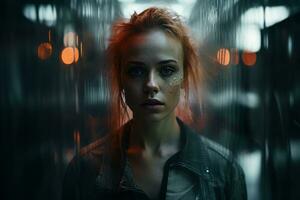 a woman with red hair in a dark room generative ai photo