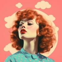 a woman with red hair in a polka dot dress with clouds in the background generative ai photo