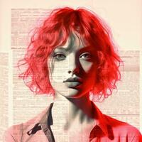 a woman with red hair is standing in front of a newspaper generative ai photo