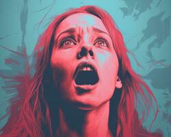 a woman with red hair is screaming in front of a blue background generative ai photo